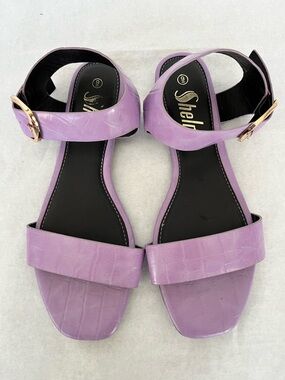 Lilac Croc-Texture Ankle-Strap Sandals with Gold Buckle
